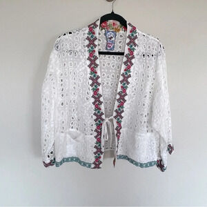 NWOT Johnny Was Nera Kimono Embroidered Eyelet Top White Tie Front Bohemian